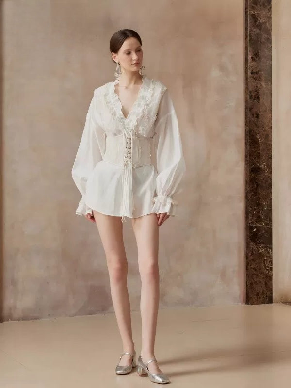 White Ruffle Shirt Set