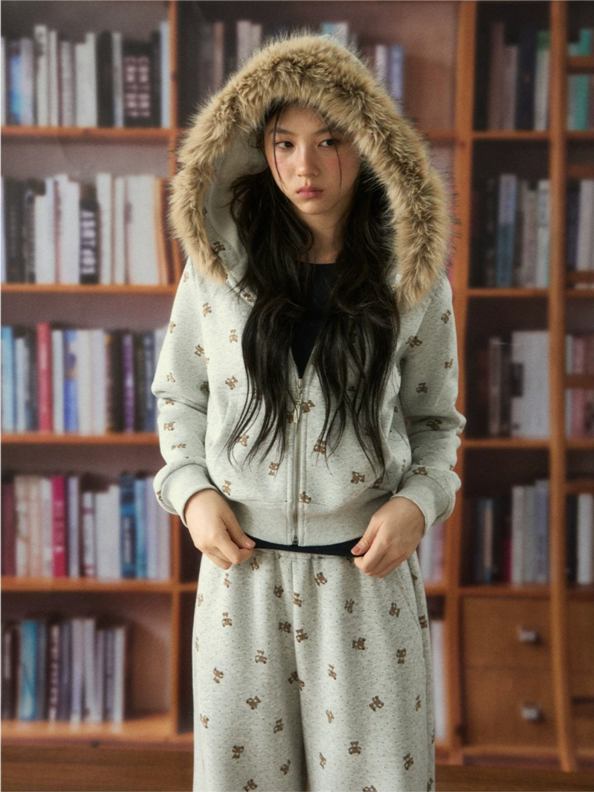 Bear Print Hooded Zip Jacket
