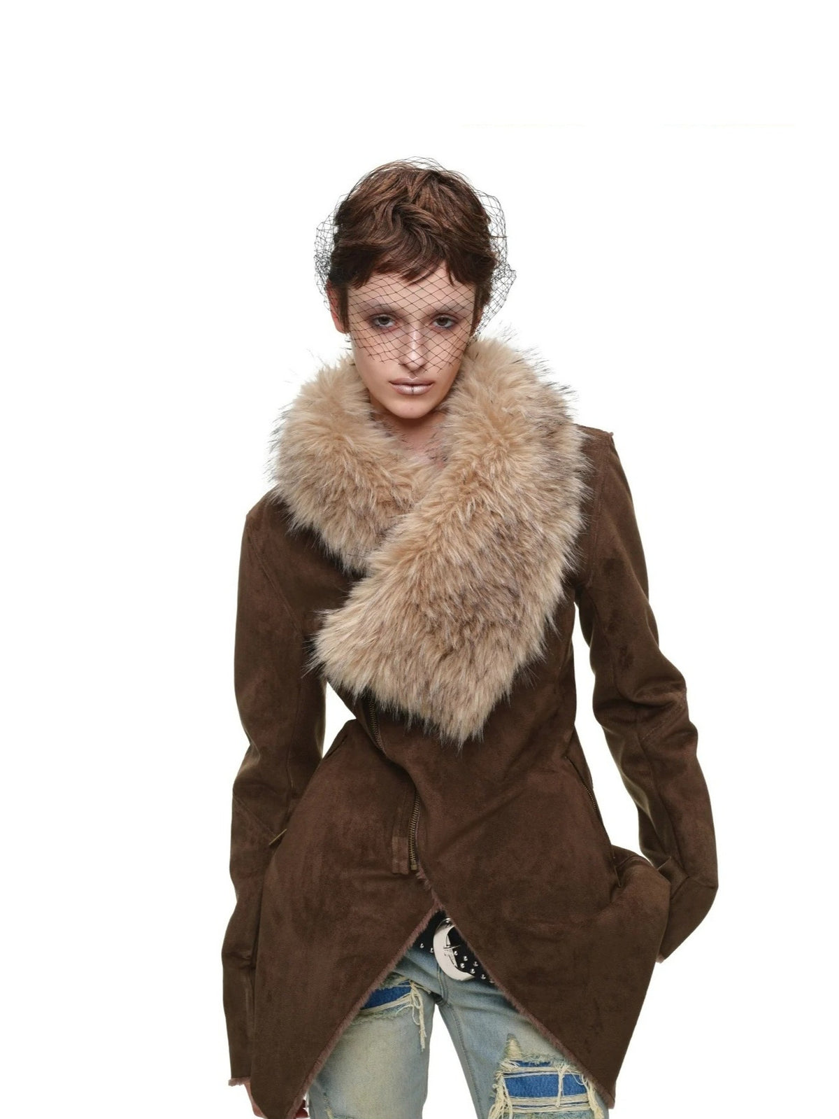 Suede Detachable Fur Collar Coat