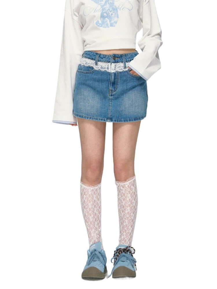 Blue Lace-Trim Denim Skirt