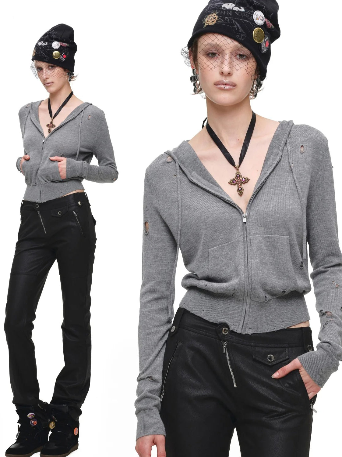 Distressed Hooded Knit Cardigan