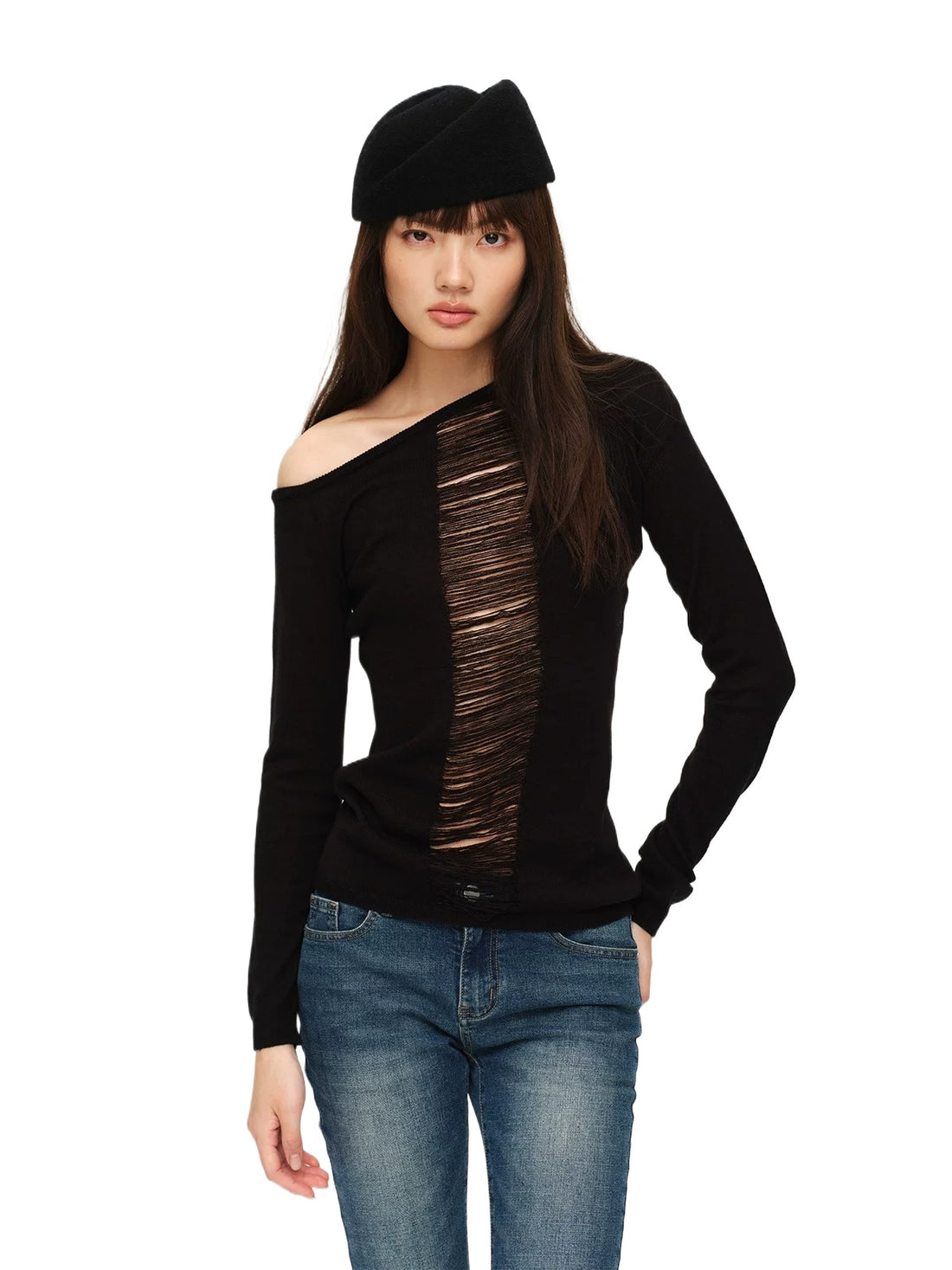 Two-Tone Openwork Merino Wool Sweater