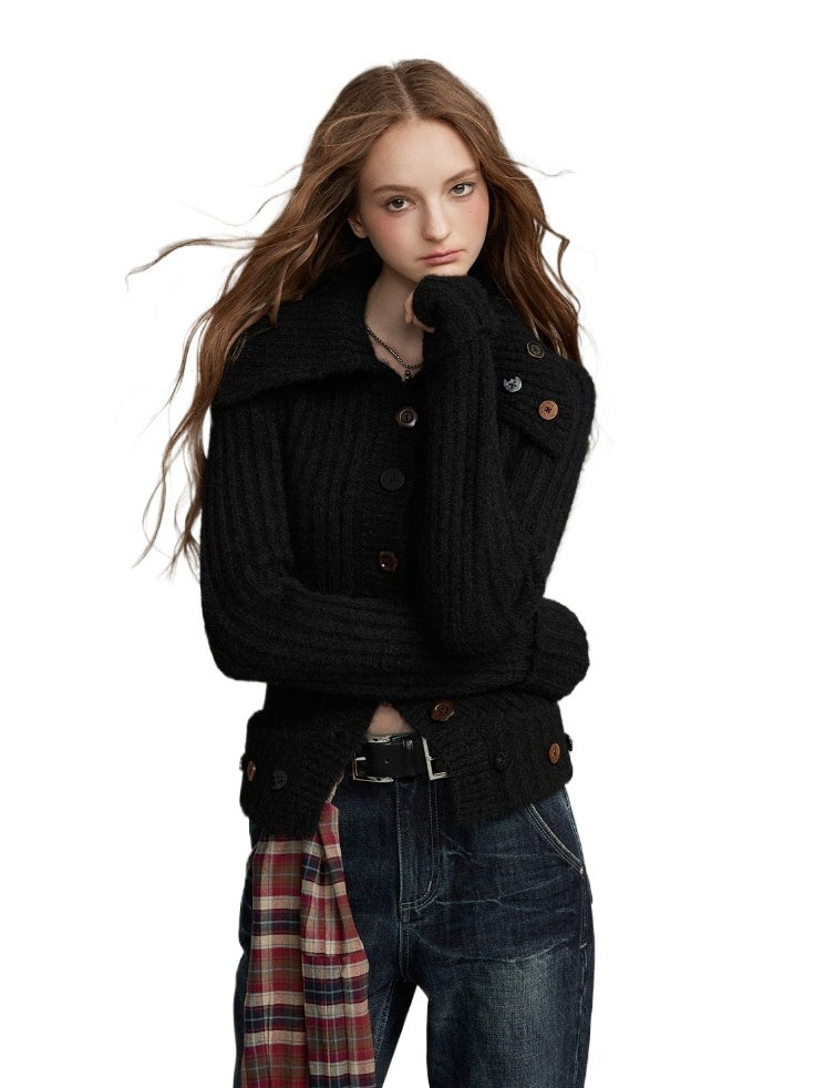 Buttoned Wool-Collar Knit Cardigan