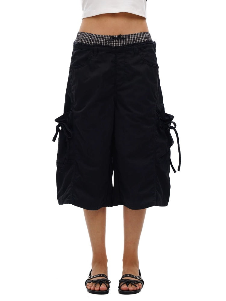 2-in-1 Plaid Satin Ribbon Bow Capri Pants