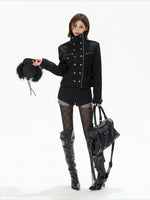 Black Double-Breasted Stand Collar Biker Jacket