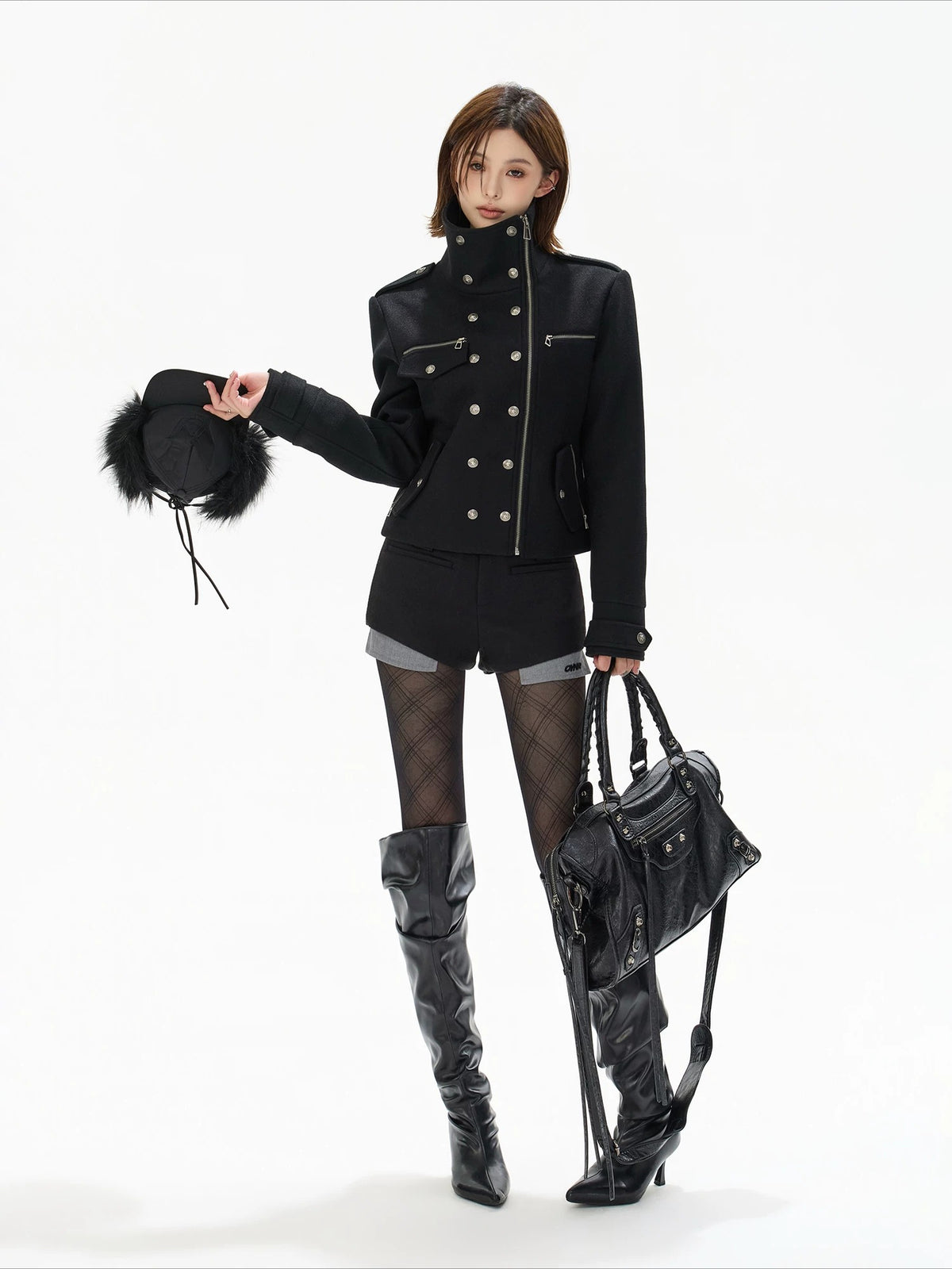 Black Double-Breasted Stand Collar Biker Jacket