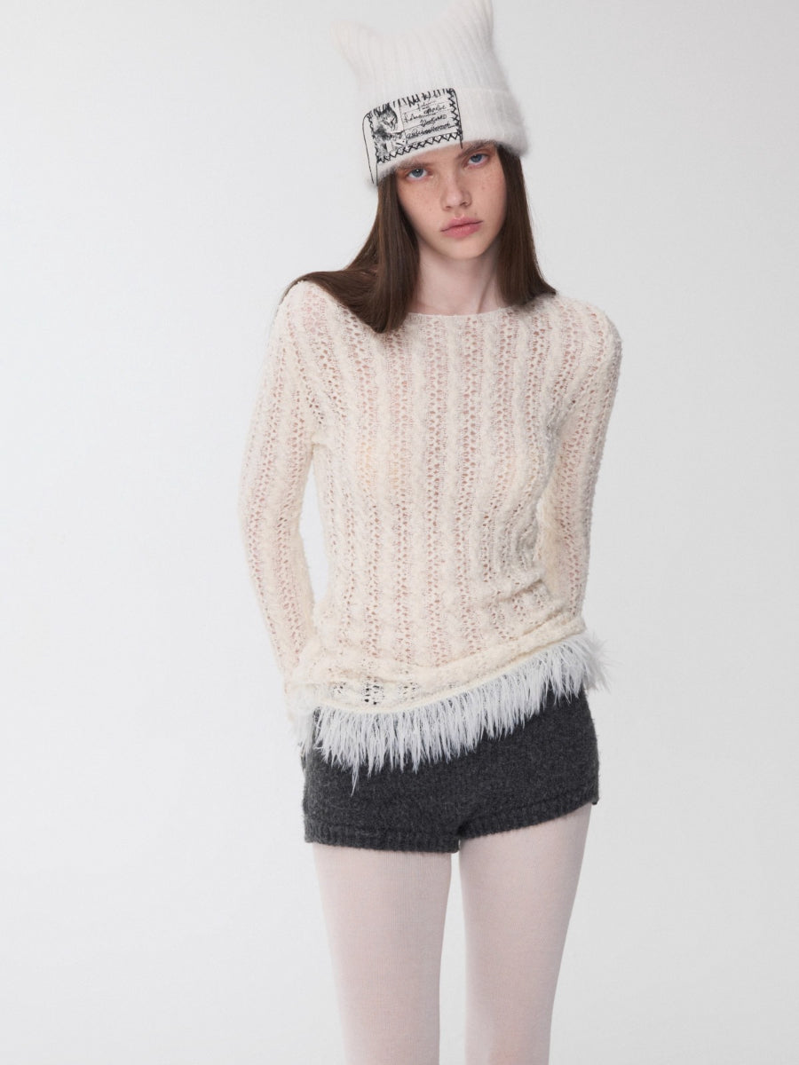 Cable Knit Faux-Fur Trim Fitted Sweater