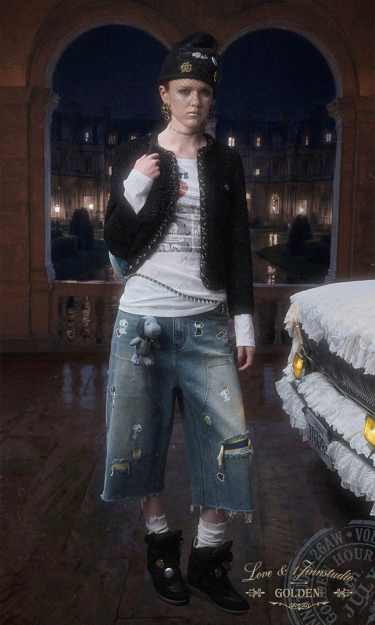 Sticker Print Wide Jeans