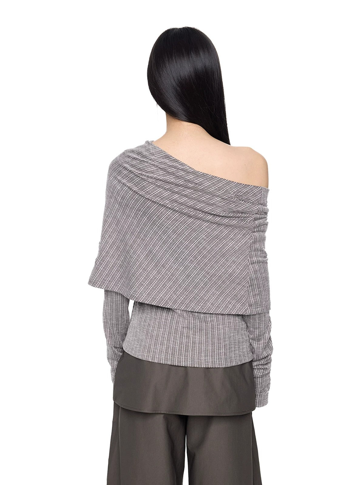 Asymmetric Striped Knit Shoulder Top