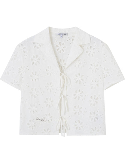 Hollow-out Flower Tie-up Short-Sleeve Top &amp; Skirt Set