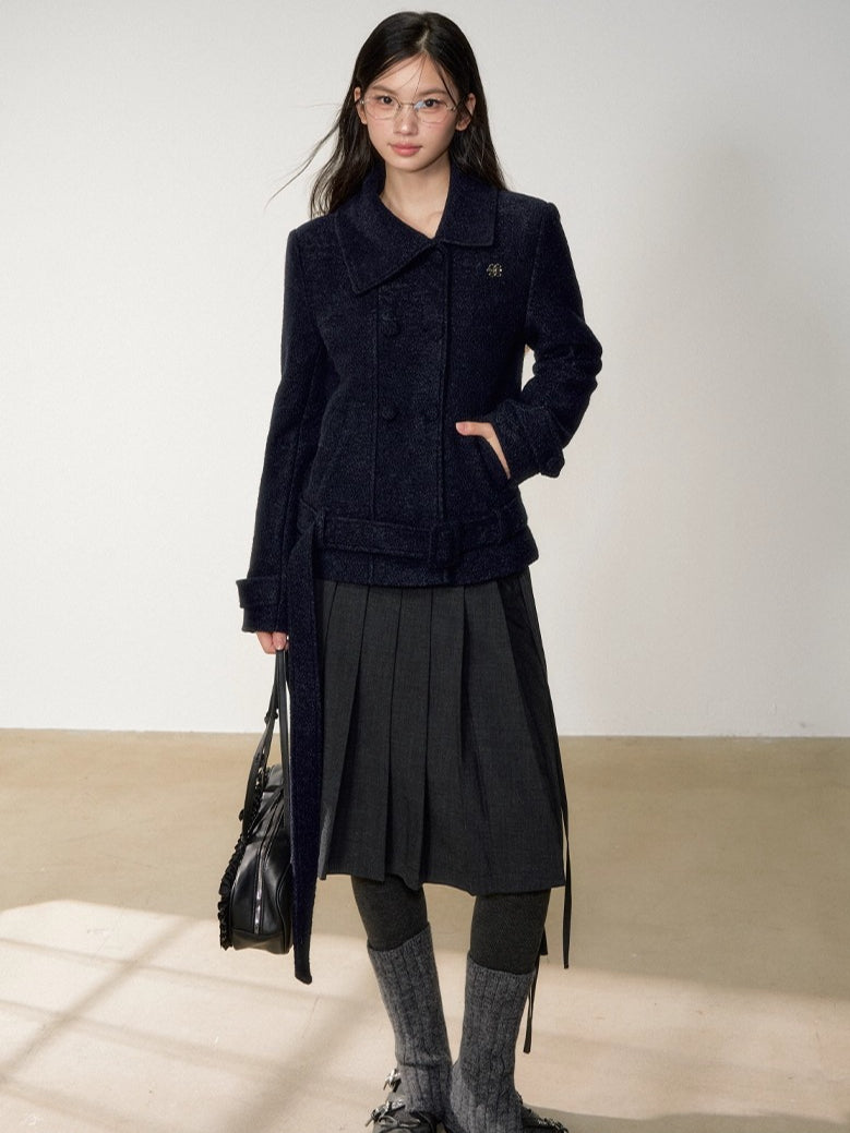 Diagonal Collar Double-Breasted Wool Coat