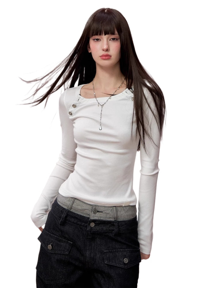 Rose Button Detail Fitted Long Sleeve Top