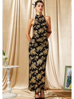Black Gold Halter Qipao Evening Dress