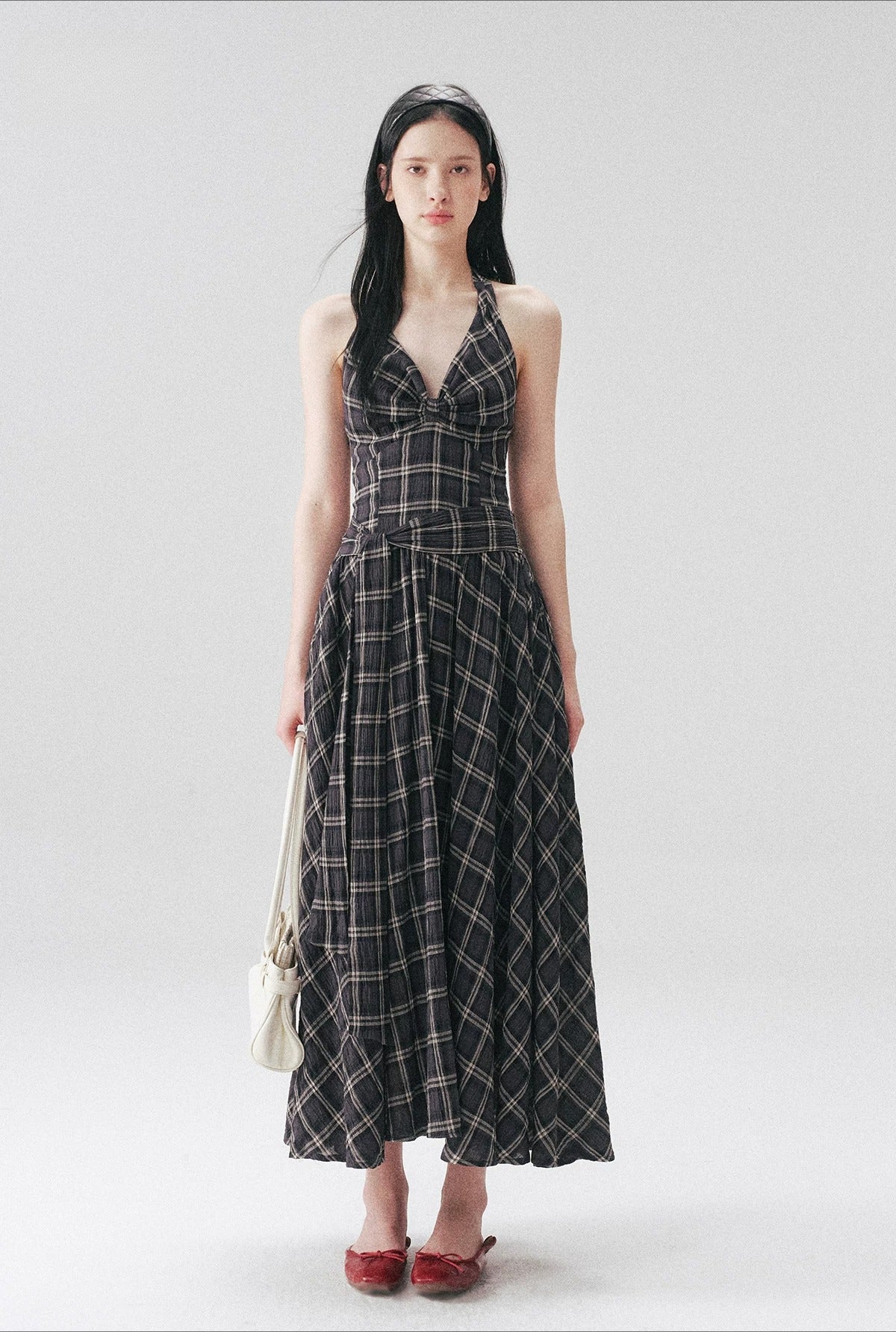 Vintage Plaid Halter Backless Midi Dress