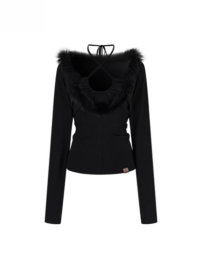 Fox-Trim Halter Knit Top