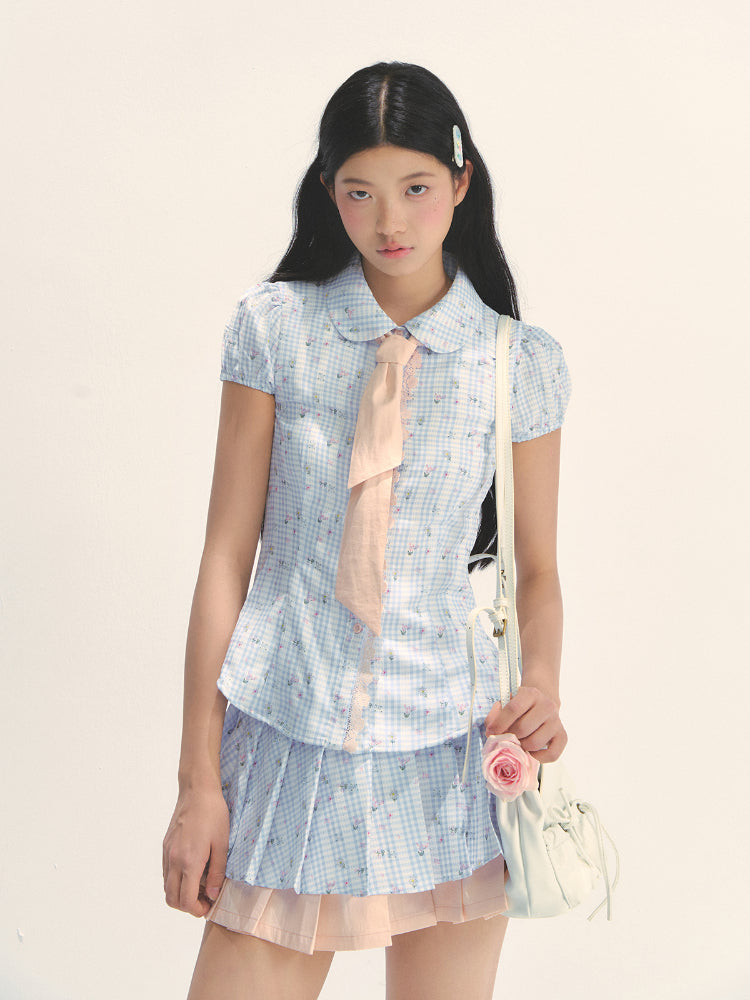 Blue Floral Contrast Check Shirt &amp; Skirt Set