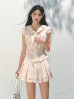 Navy Collar Lyocell Waist-cinching Shirt & Skirt Set