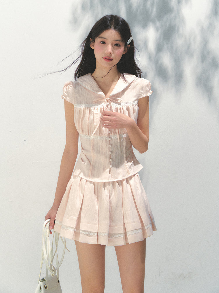Navy Collar Lyocell Waist-cinching Shirt &amp; Skirt Set