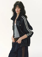 Ribbon Lapel PU Leather Jacket