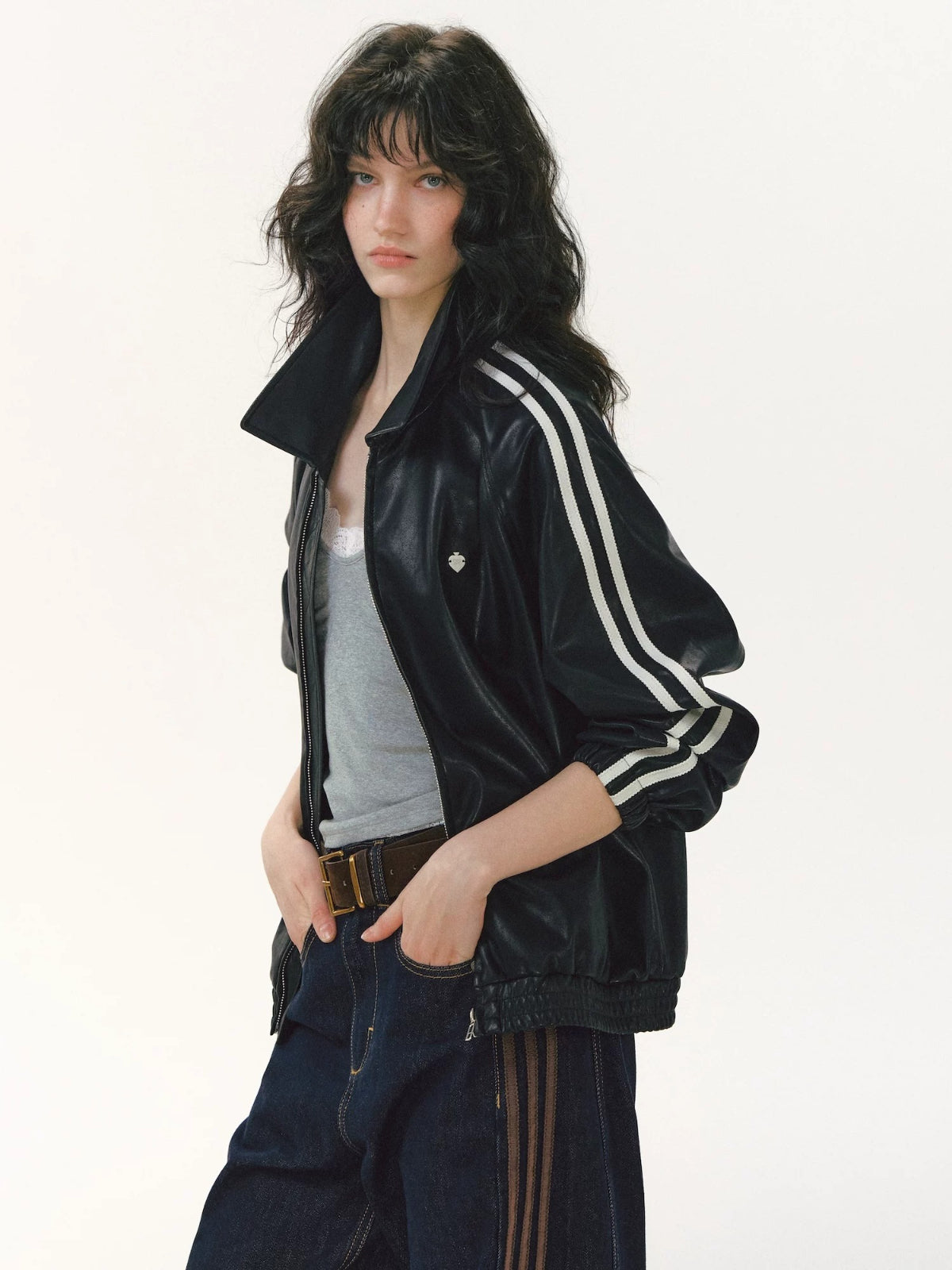 Ribbon Lapel PU Leather Jacket