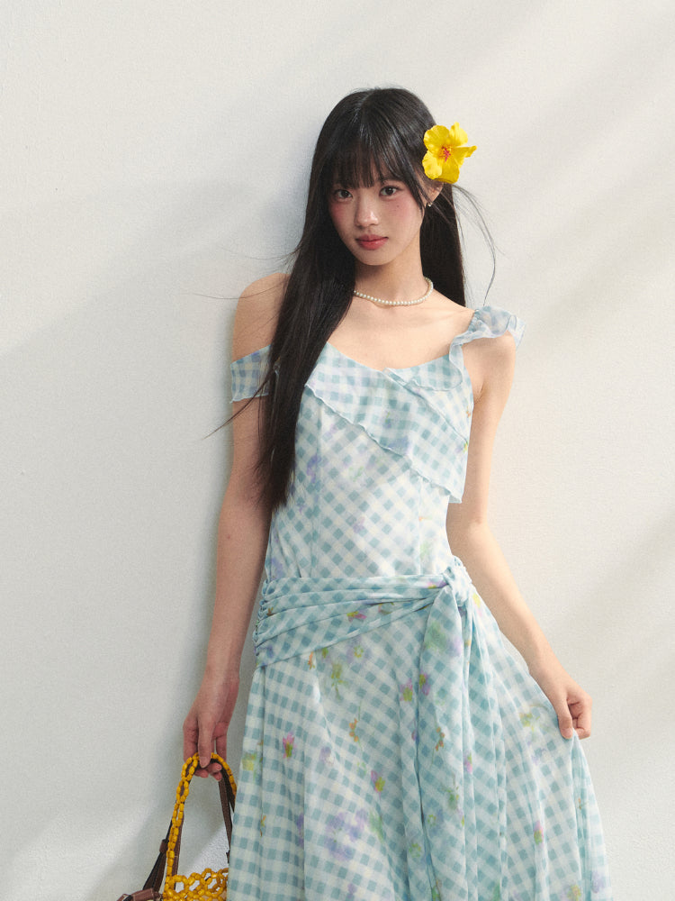 Checkered Print Asymmetrical Slip Dress
