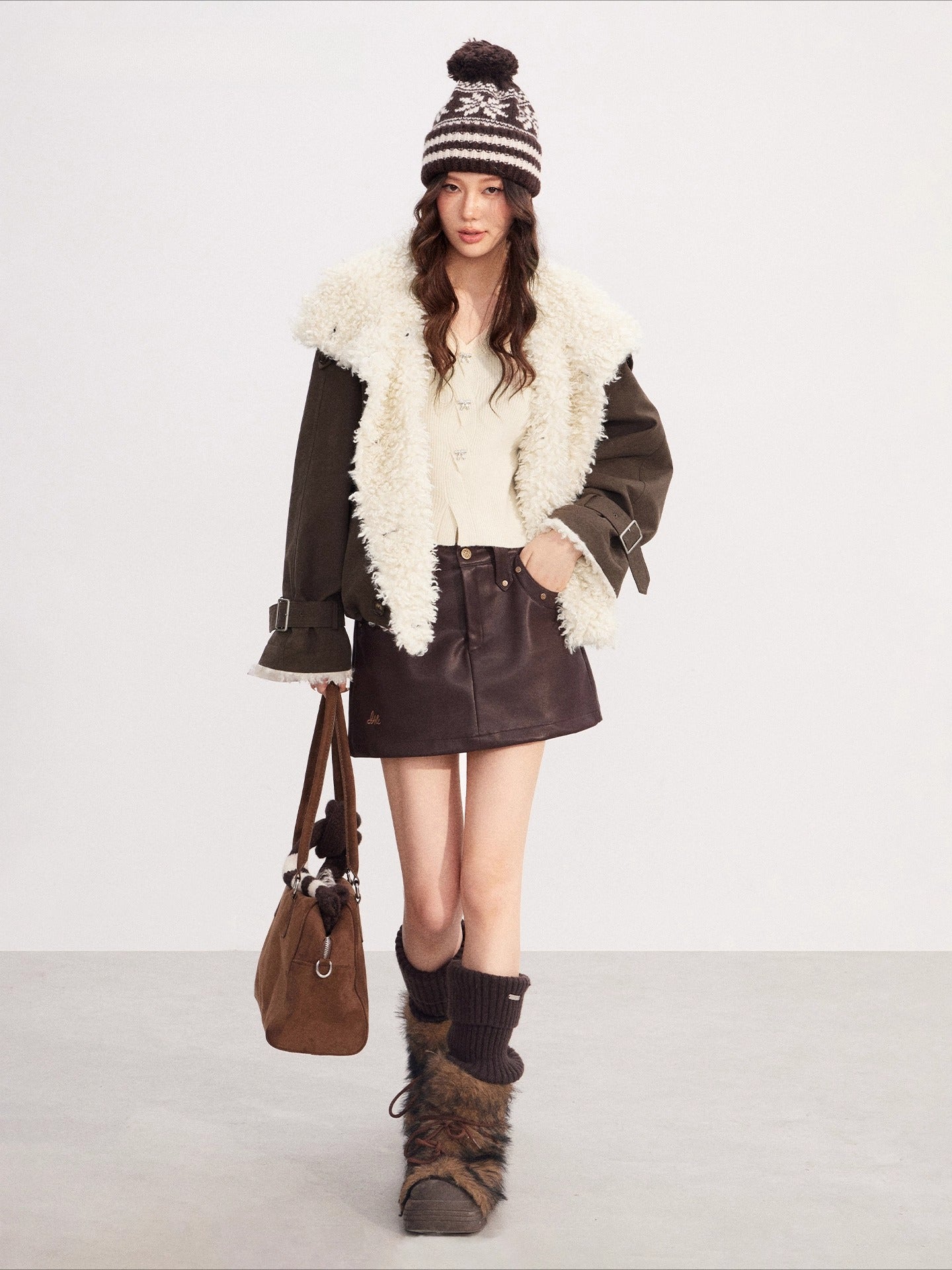Sheepskin Splicing Quilted Boxy Short Jacket