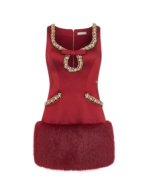 Sable Satin Straight Cut Eco-Fur Dress