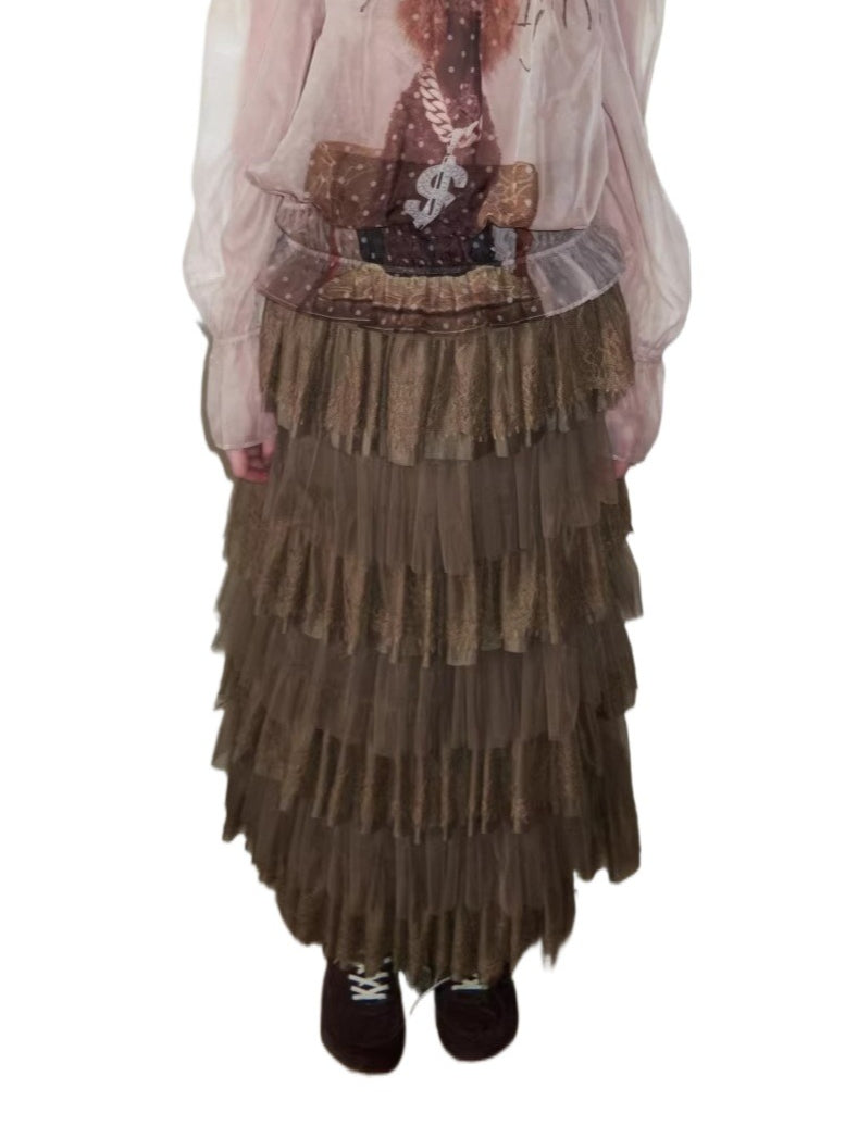 Layered Lace Tulle Midi Skirt