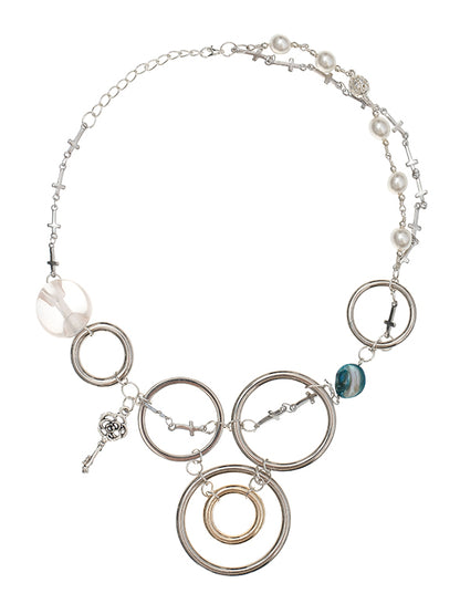 Button Silver Ring Chain Choker Necklace
