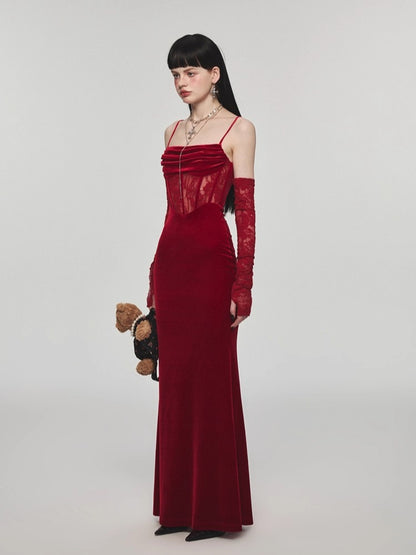 Fishbone Strap Long Velvet Bodycon Dress