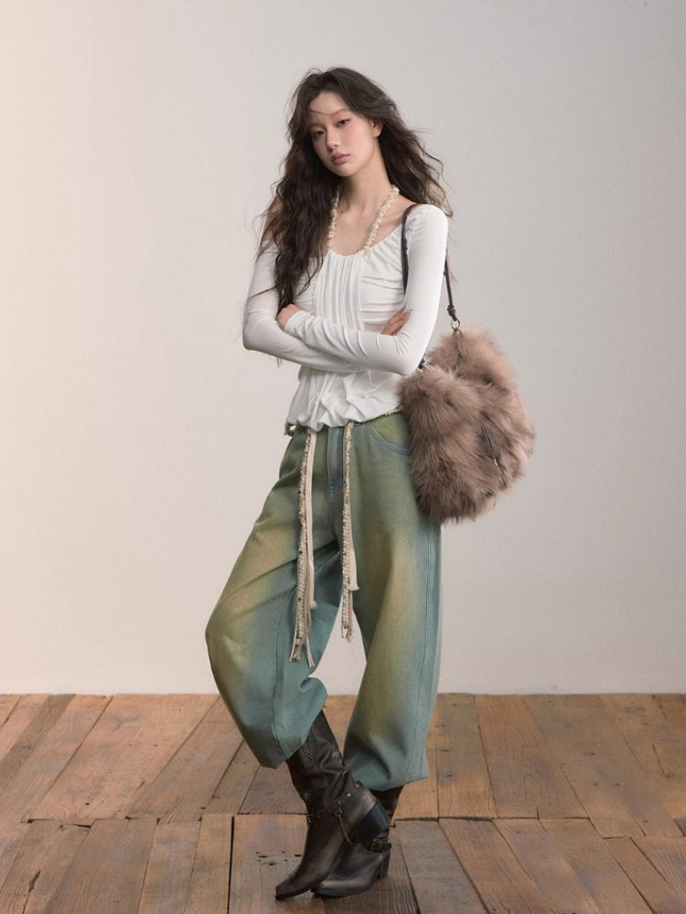 Asymmetric Off-Shoulder Faux Two-Piece T-shirt
