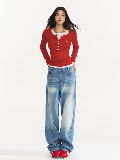 Water-Washed Low-Waist Loose Straight-Leg Pants