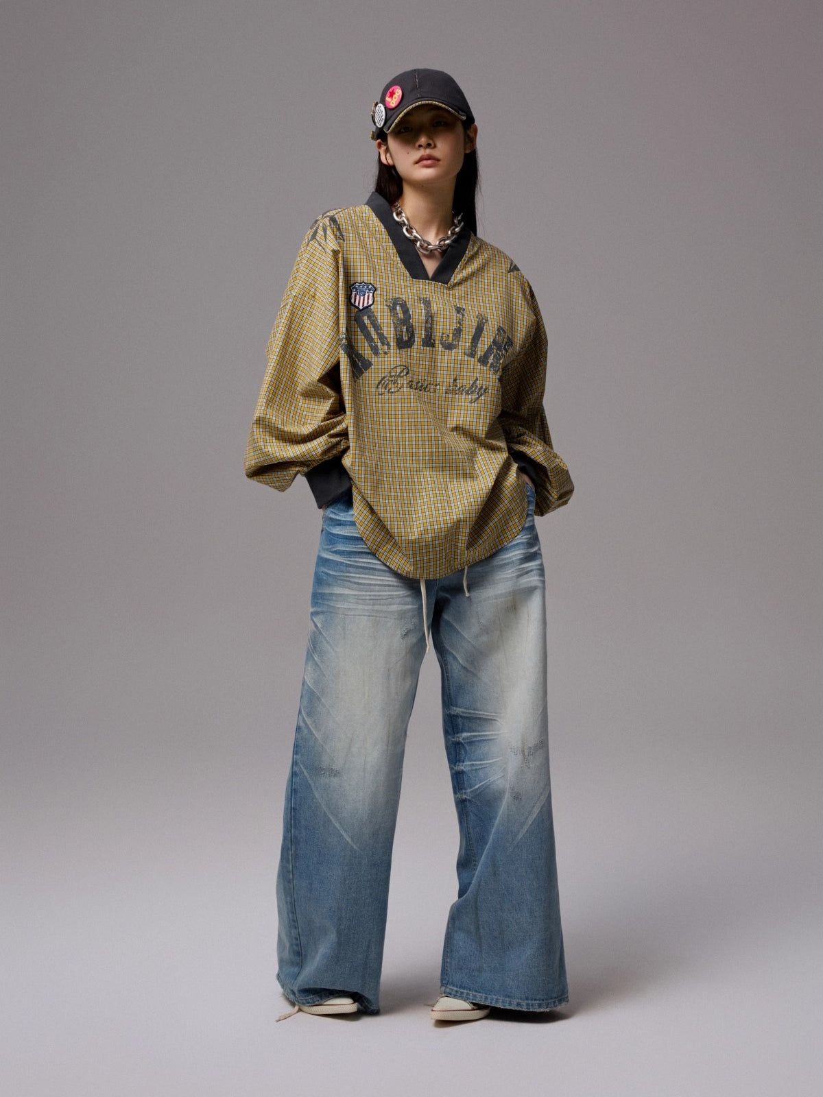 Vintage Plaid V-neck Loose Jersey