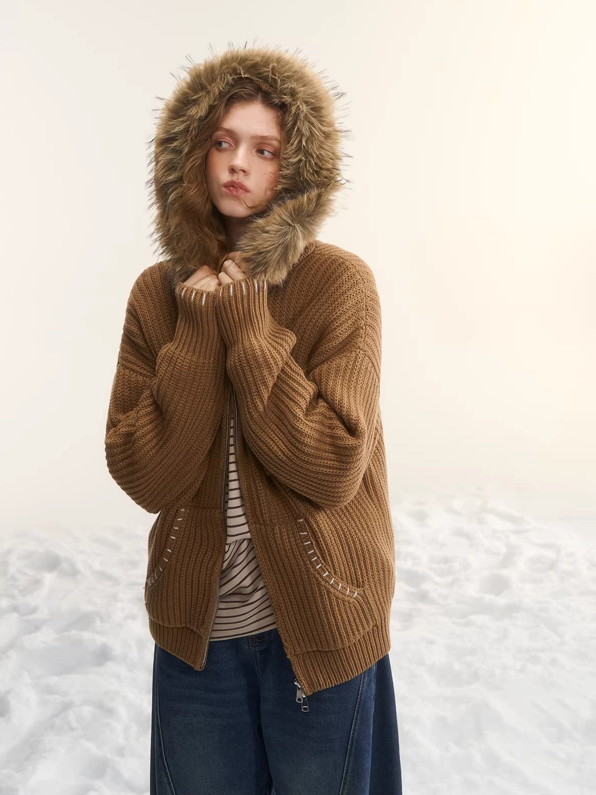 Detachable Faux-Fur Collar Embroidered Hooded Cardigan