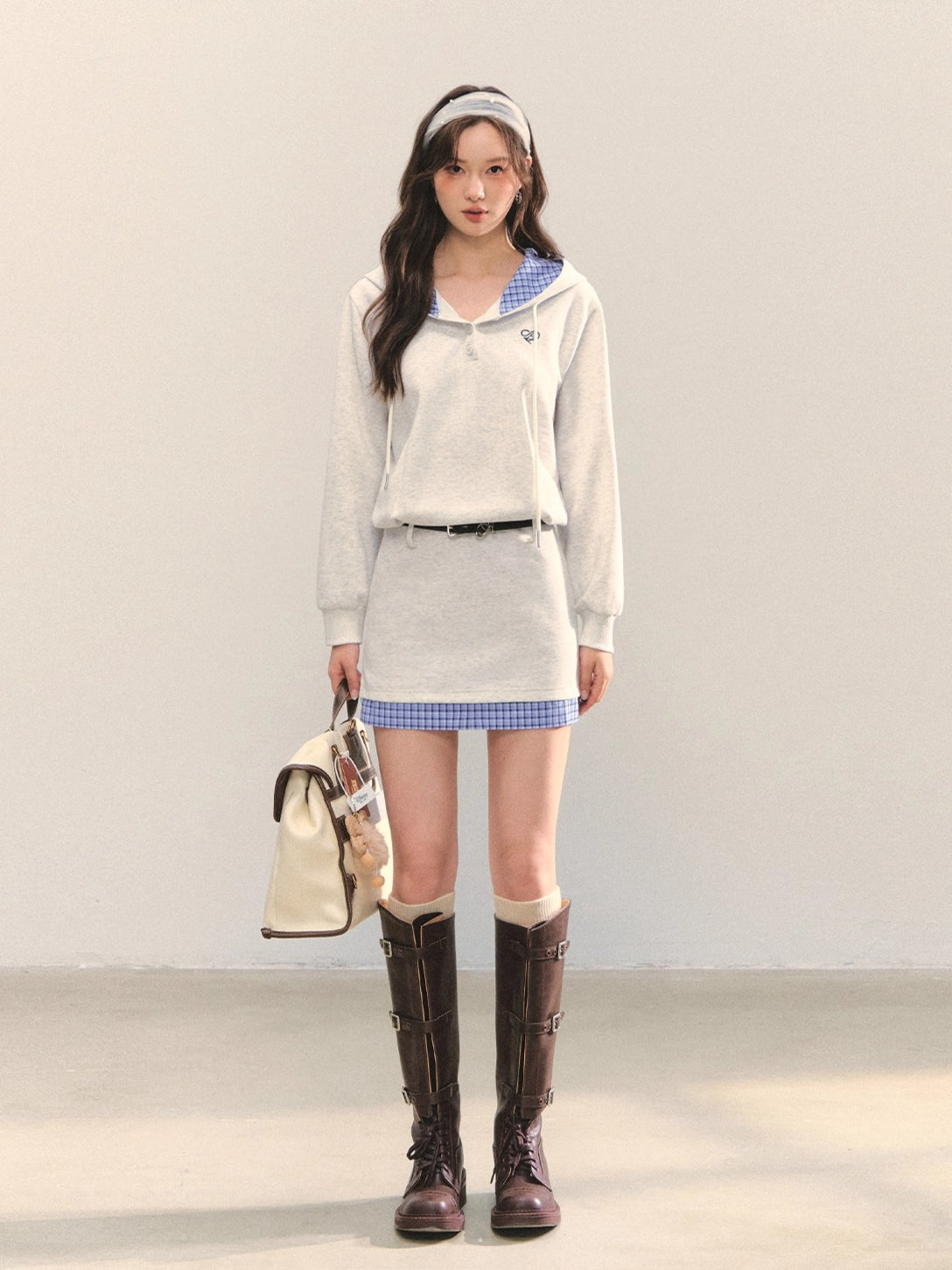 Gray Floral Checkered Patchwork Hoodie Dress