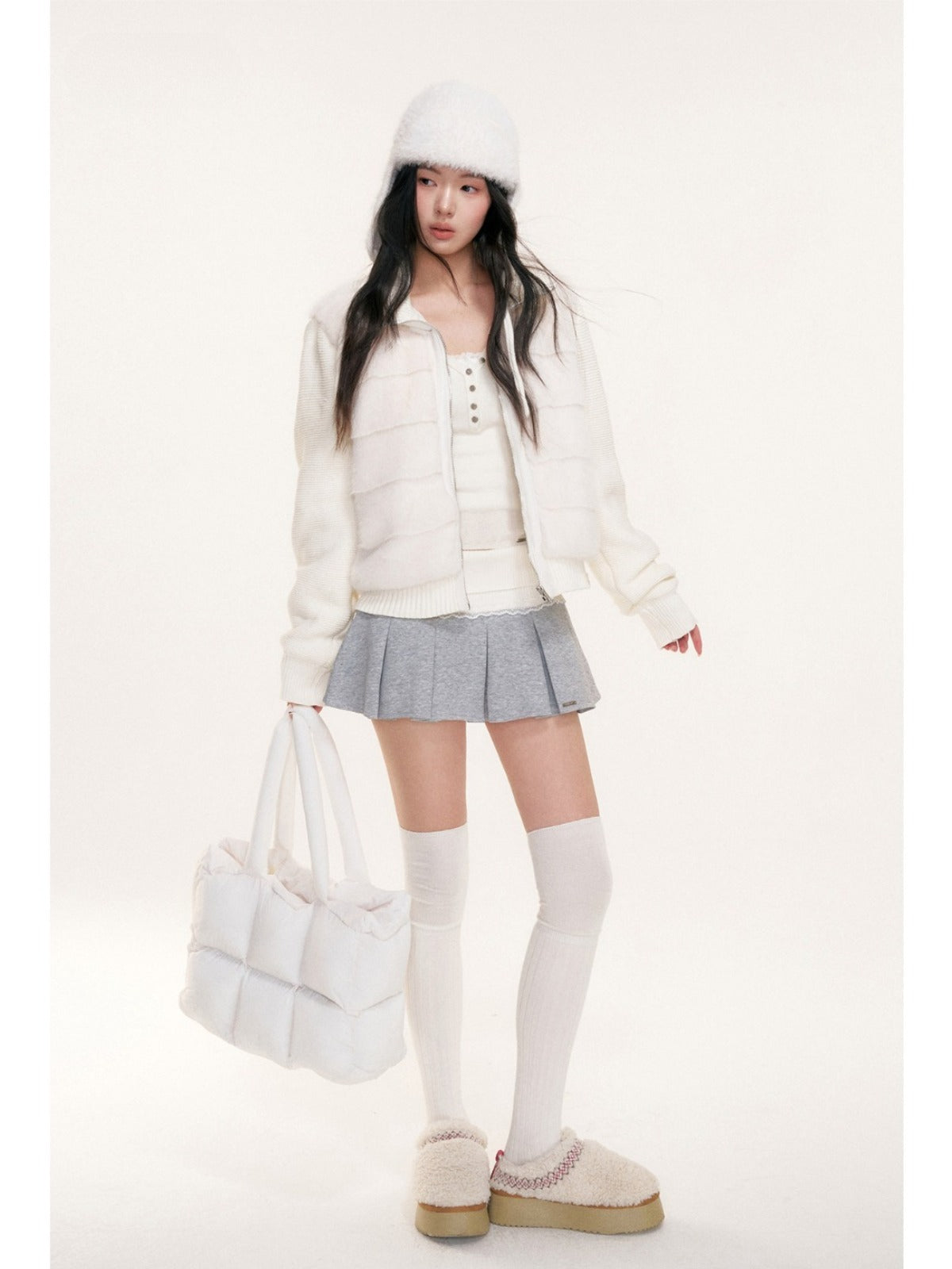Faux Fur Knit Sleeve Down Jacket