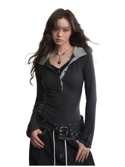 Contrast Collar Lace-Trim Long Sleeve T-shirt