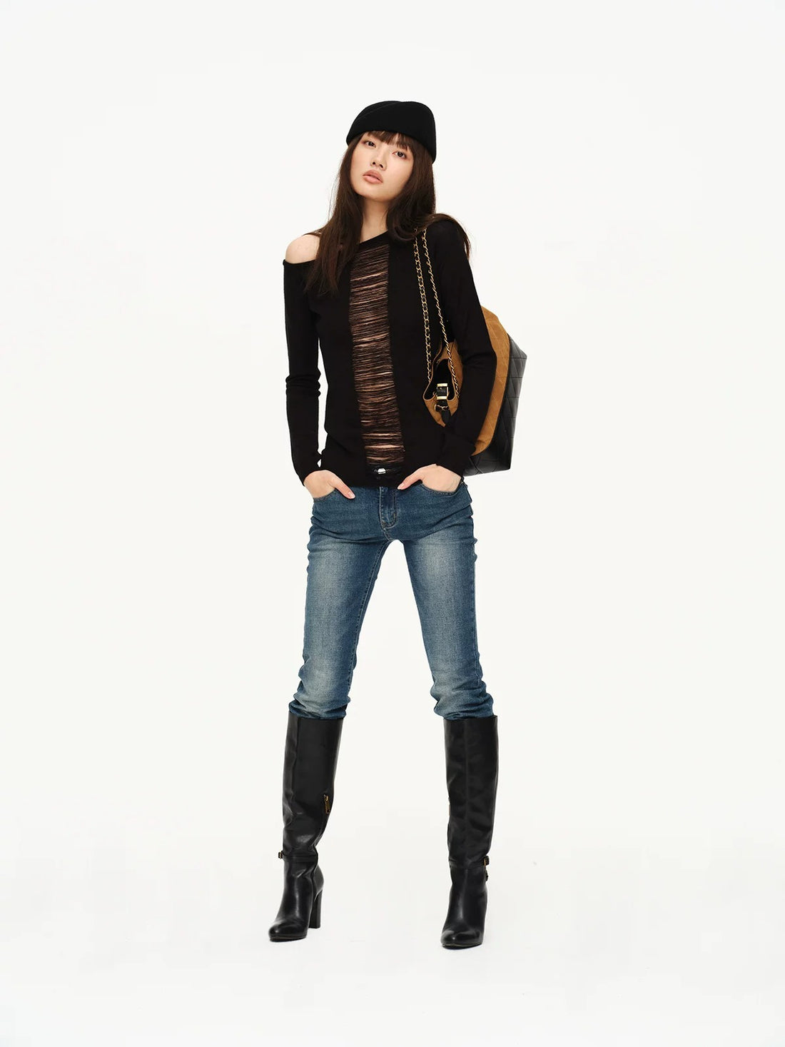 Two-Tone Openwork Merino Wool Sweater