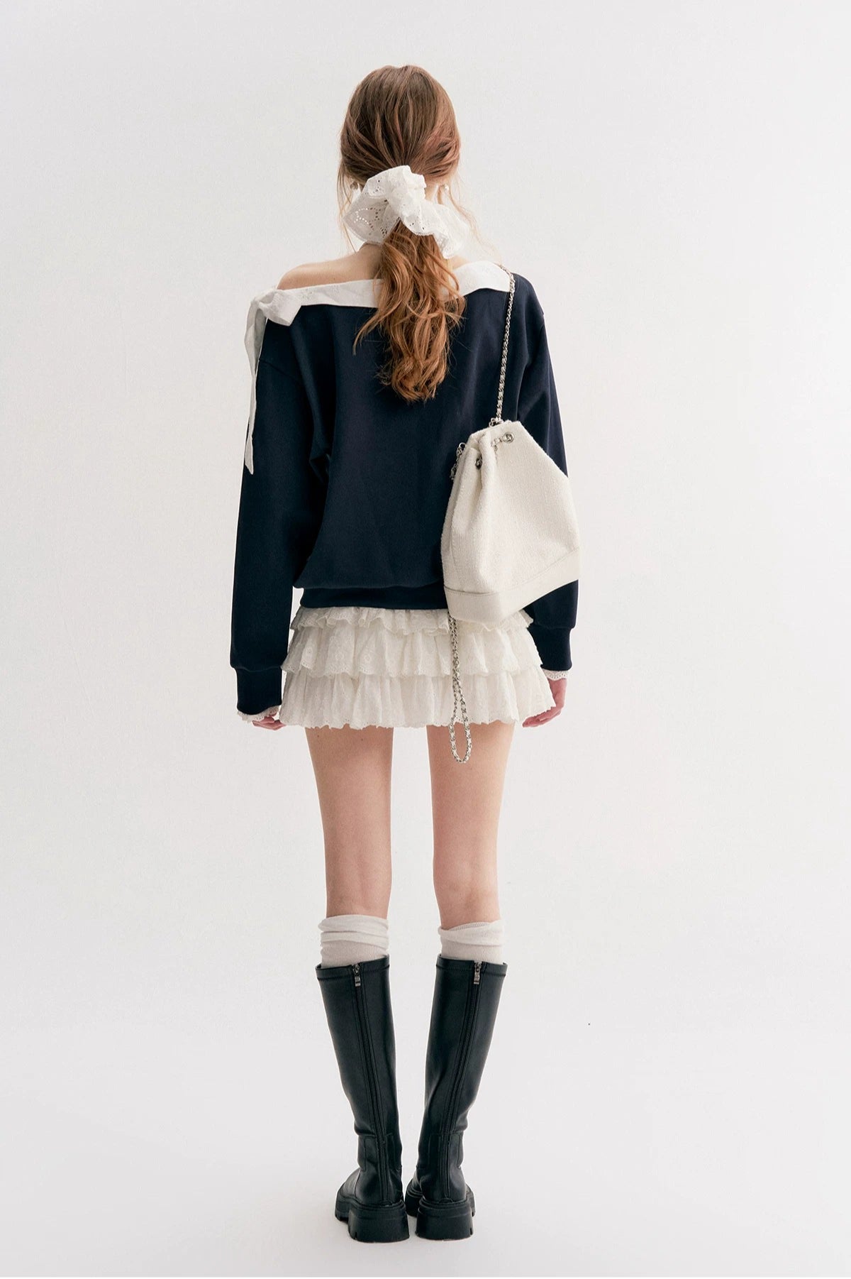 Navy &amp; Pink Bow Off-Shoulder Sweatshirt