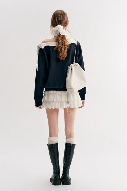 Navy &amp; Pink Bow Off-Shoulder Sweatshirt