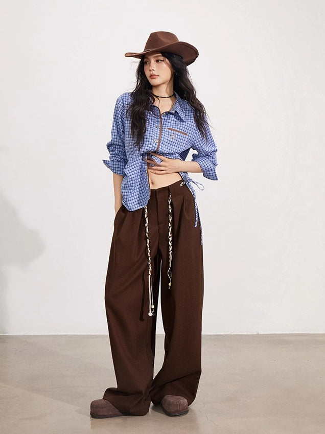 Black &amp; Brown Belted Wool Wide-Leg Pants