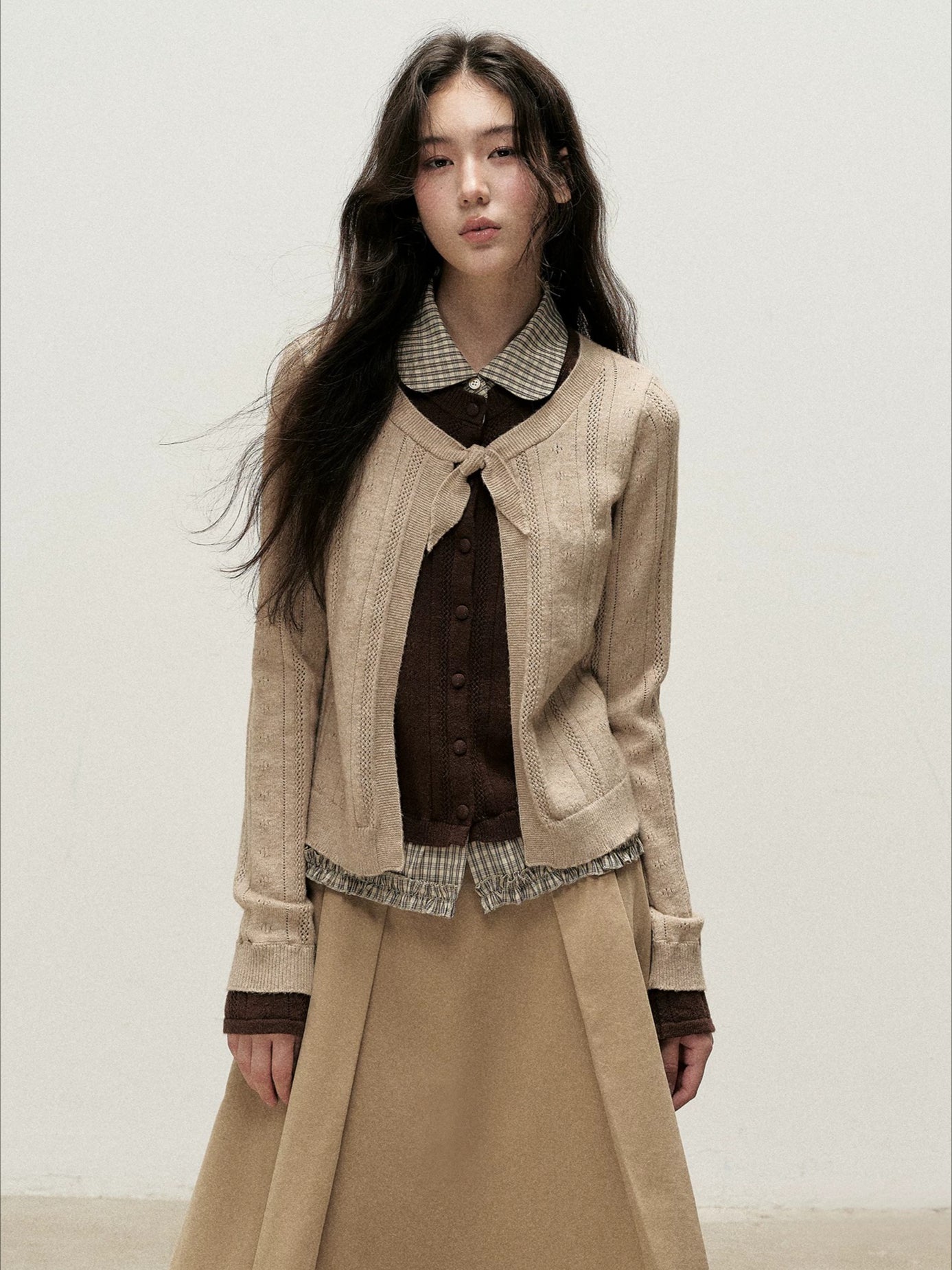 Plaid Collar Layered Knit Top