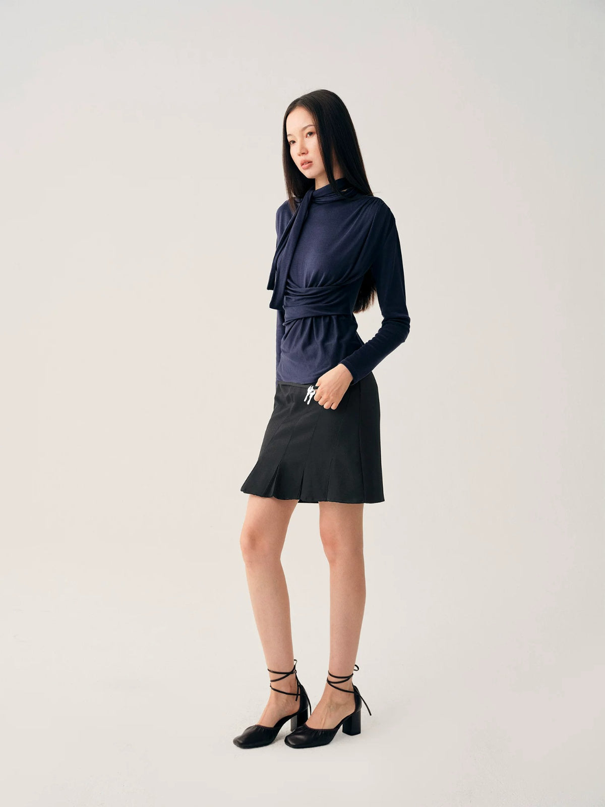 Navy Lace Up Waist Top