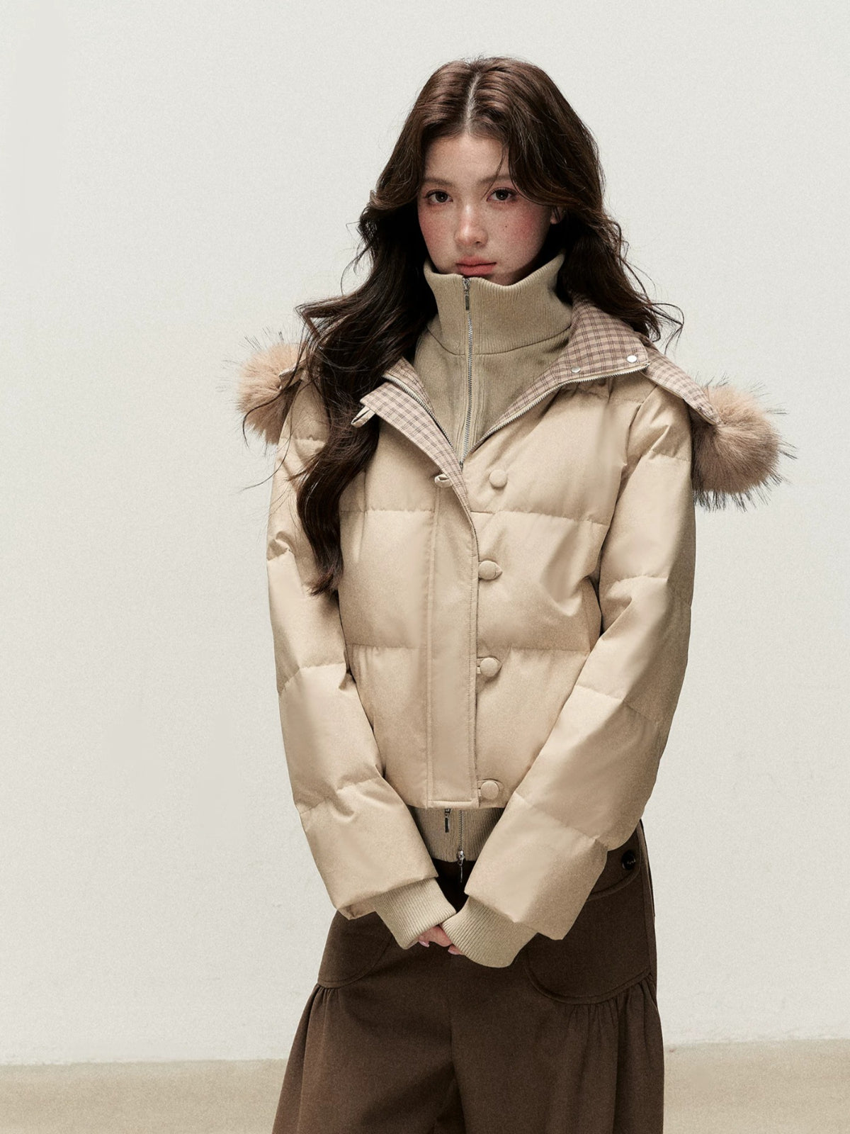 Faux Layered Fur-Trim Hooded Down Jacket