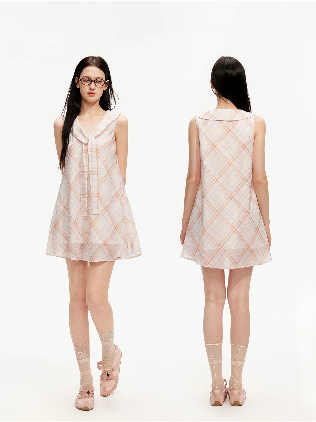 Pink Plaid Sleeveless Tie Neck Dress
