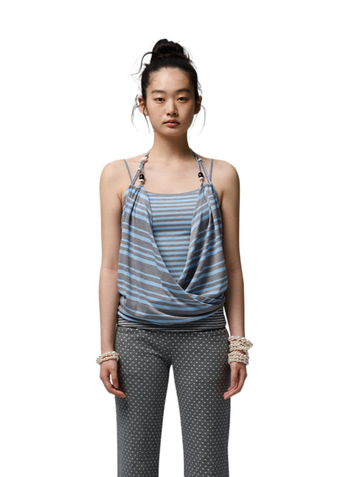 Blue-Gray Striped Two-Way Beaded Swing Collar Tank Top