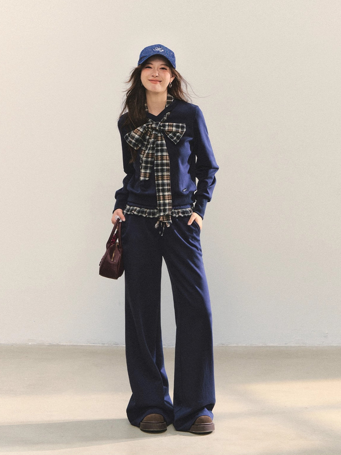 Navy Blue Plaid Bow-Tie Sweatshirt &amp; Pants Set