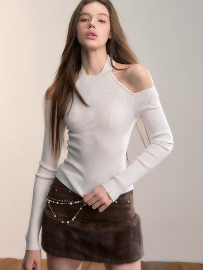 Fur-Panel Studded Mini Skirt