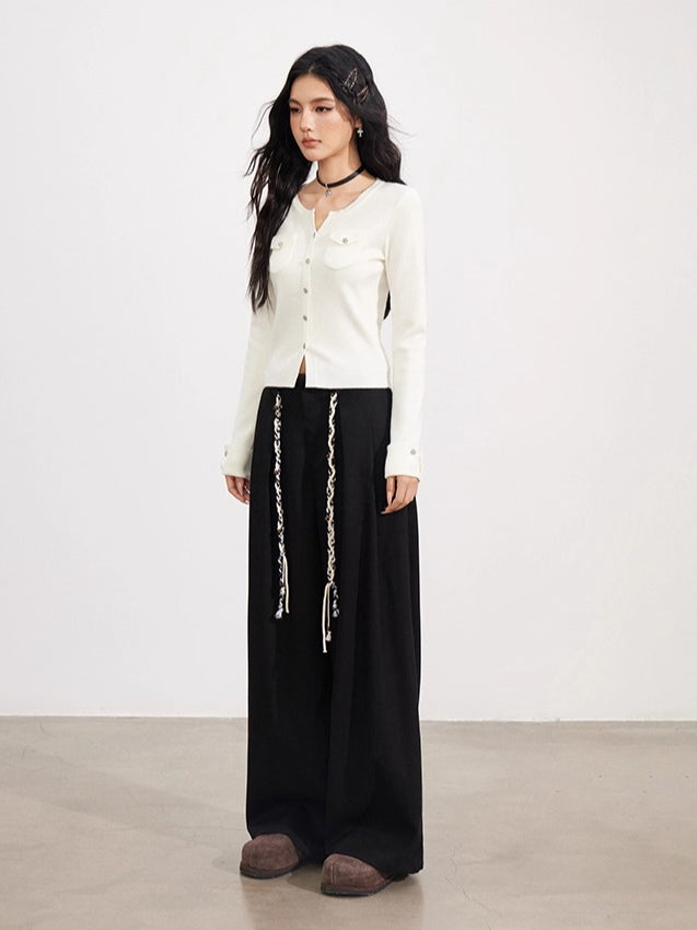 Black &amp; Brown Belted Wool Wide-Leg Pants