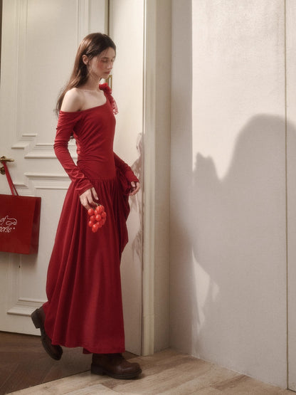 Berry Glaze Off-Shoulder Knit Maxi Dress